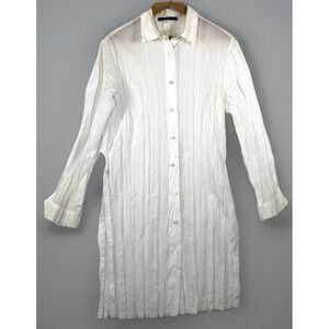 Les Copains Tunic Shirt Women EU 48 White Pleated Crinkle Button Front Minimal